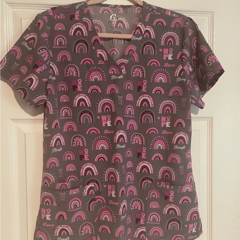 Gray and Pink Breast Cancer Scrub Top